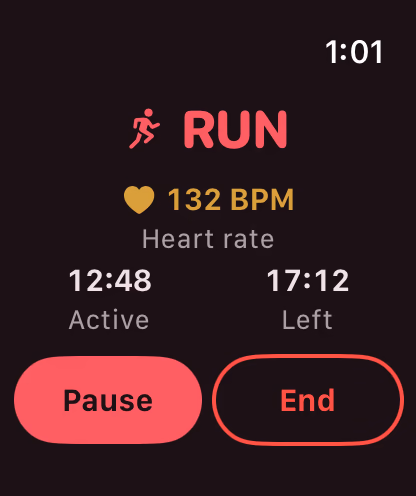 ZoneCue showing a RUN cue, heart rate, workout time, Pause, and End on Apple Watch